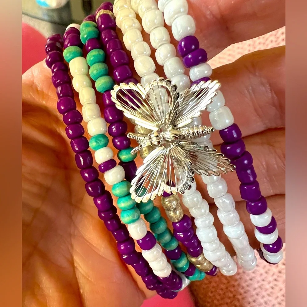 Beaded bracelets butterfly purple blue white silver handmade stretchy